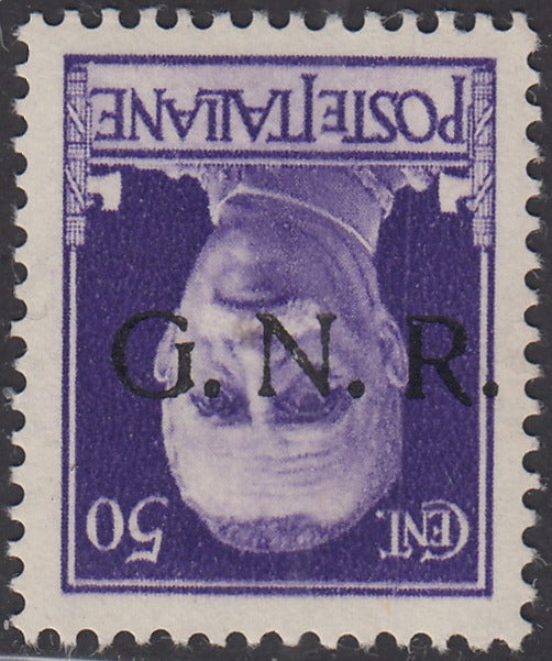 1944 - GNR Verona c. 50 violetto con soprastampa nera capovolta, nuovo con gomma integra (477a).