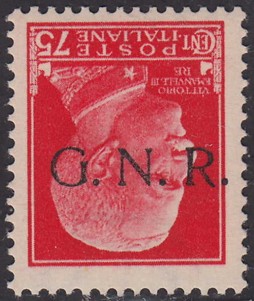 1944 - GNR Verona c. 75 carmine with black overprint upside down, new with intact gum (478a).