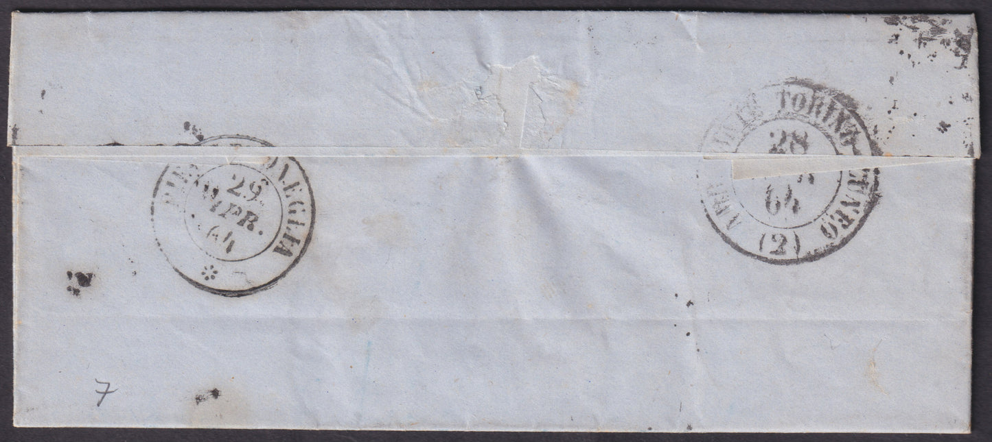 De La Rue tiratura di Londra, c. 15 celeste chiaro su lettera da TORINO a Pieve d'Oneglia con annullo "sperimentale" 28/4/64