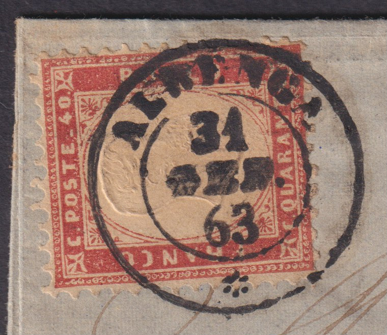 Serrated issue, c. 40 pink isolated on a large part of a letter from Albenga to Ventimiglia 31/1/1863