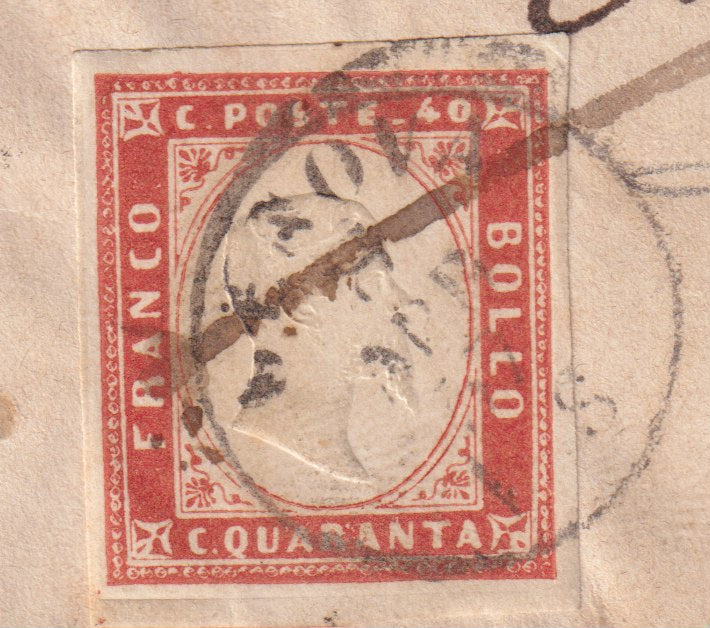 IV emissione, c.40 vermiglio tiratura 1855 (16a) isolato su eettera da Genova per Milano 8/4/57