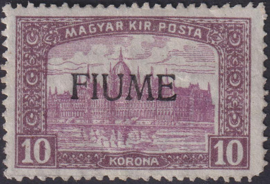 FF196 - Francobollo d'Ungheria della serie Parlamento, 10 korone bruno lilla e lilla con soprastampa F I U M E a mano del III tipo (21/III) nuovo senza gomma