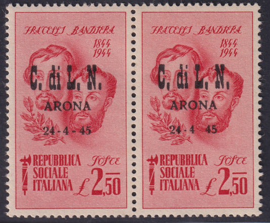 CLN Arona - Fratelli Bandiera L. 2,50 carminio coppia orizzontale di cui una con varietà (12 + 12b)