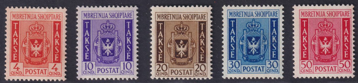 1940 - Occupazione italiana dell'Albania, segnatasse serie completa di 5 valori nuova, gomma originale (1/5)