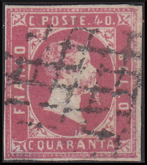 F261 - 1851, 1er número c. 40 rosa lila usado con sello de cuadrícula de bolígrafo ASTI (3d + puntos R1)