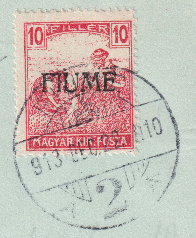 Fiume 10 red filler hand overprint of the first type on letter taxed from Fiume to the city, with postage due, see description.