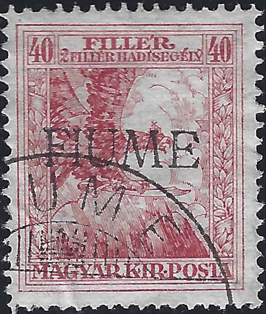 Stamp of Hungary Charity series, 40 fillers (+2) carmine with hand overprint of type VI, used (3/VI)