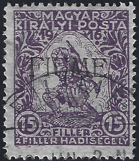 Francobollo d'Ungheria serie Beneficenza, 15 filler (+2) violetto con soprastampa a mano del V tipo, usato (2/V)