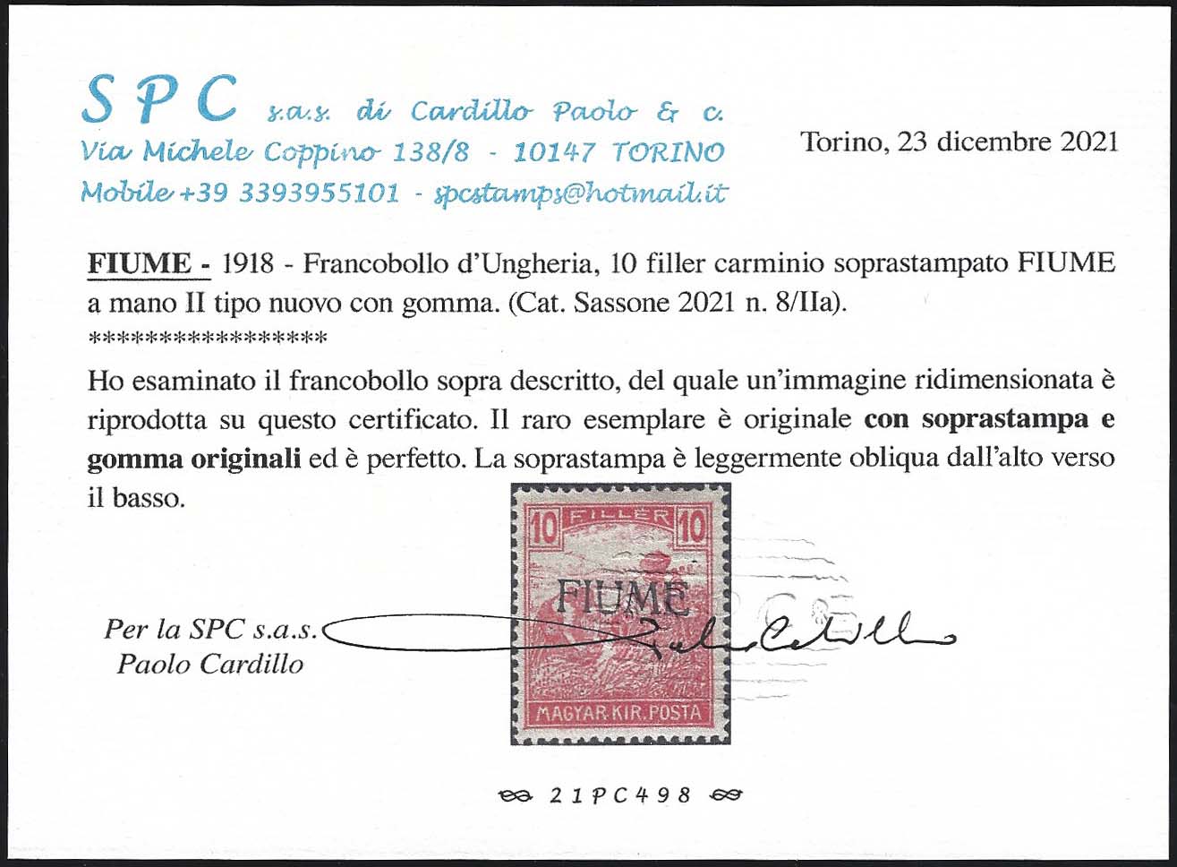 Francobollo d'Ungheria della serie Mietitori, 10 filler carminio con soprastampa F I U M E a mano del II tipo (8/IIa) nuovo