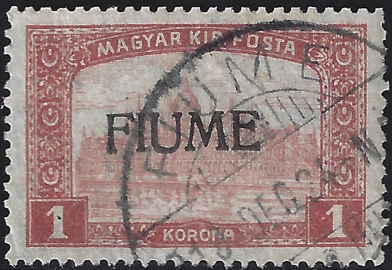 Francobollo d'Ungheria serie Parlamento 1 korona carminio e rosa con soprastampa a mano del II tipo , usato (17/II)