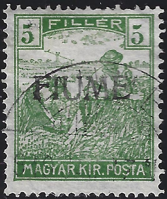 Francobollo d'Ungheria serie Mietitori  5 filler verde giallo con soprastampa a mano del III tipo, usato (6/III)