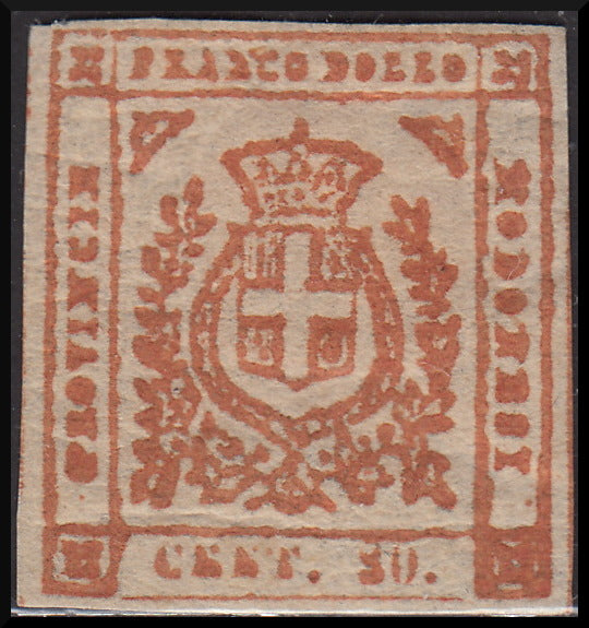 1859 - Escudo de Saboya coronado por una corona real, c.80 impresión defectuosa marrón anaranjado (18a) nuevo con goma original.
