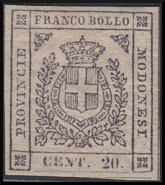 1859 - Scudo di Savoia sormontato da corona reale, c.20 violetto scuro I composizione nuovo con gomma originale (15a).