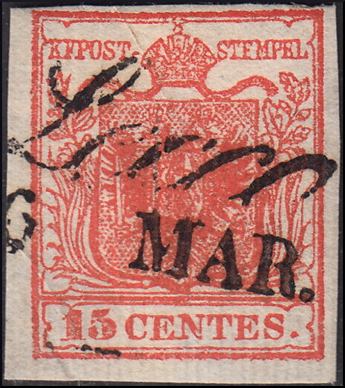 Lombardo Veneto, I emissione, c. 15 rosso vermiglio I tipo carta costolata, usato (14)