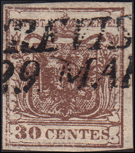 Lombardo Veneto, 1st issue, c. 30 brown I type ribbed paper, used (16)