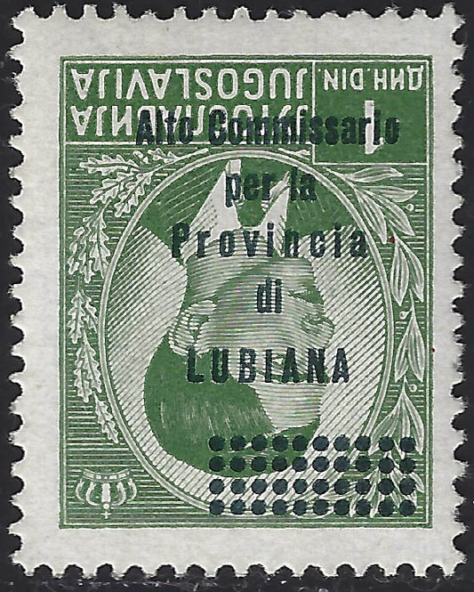 Lub12 - 1941 - Occupazione Italiana della Lubiana, 1d. verde giallo soprastampa capovolta + decalco
