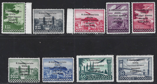 1941 - Occupazione Italiana della Lubiana, francobolli di Posta Aerea Jugoslava soprastampati R. Commissariato, nuovi integri (2/10)