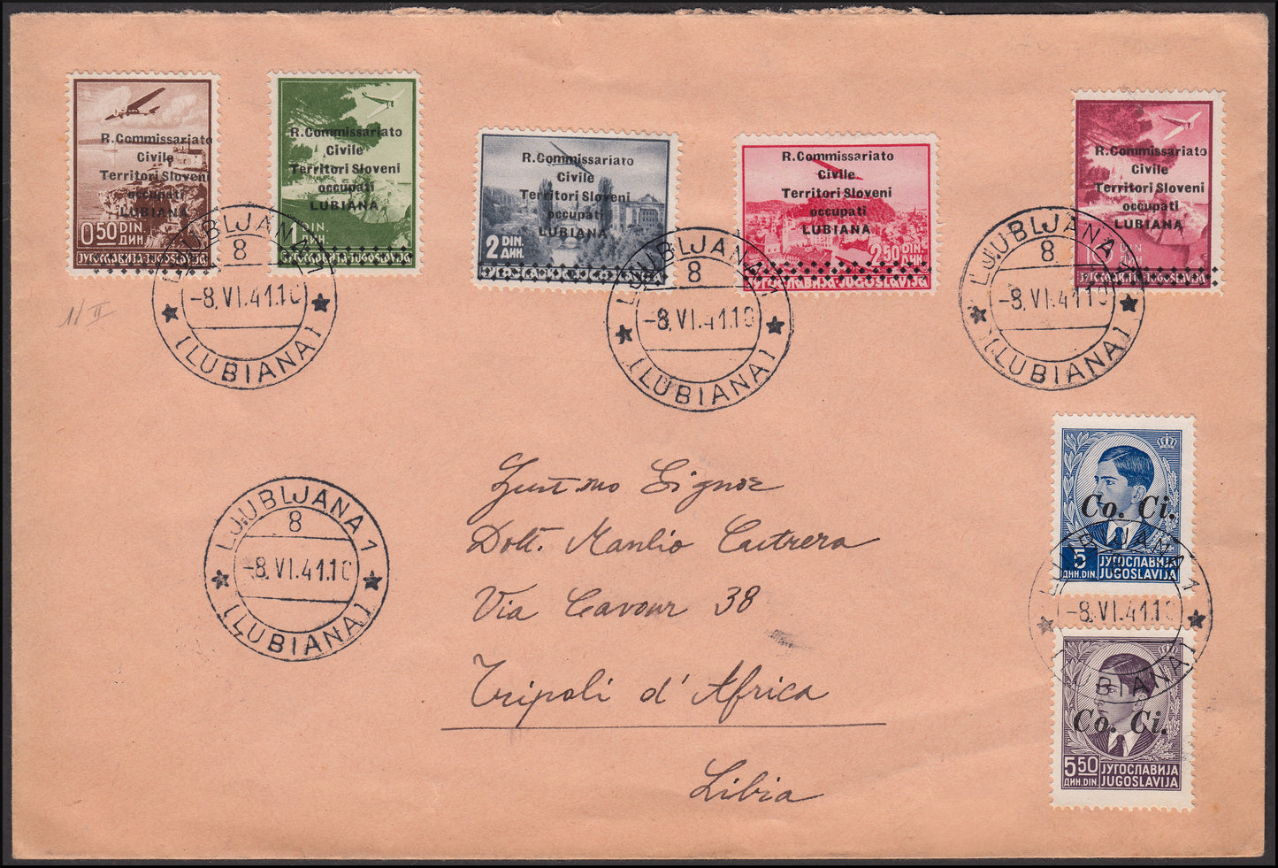 Occupazione Italiana della Lubiana, lettera via Aerea affrancata con cinque esemplari di Posta Aerea e due di Posta Ordinaria