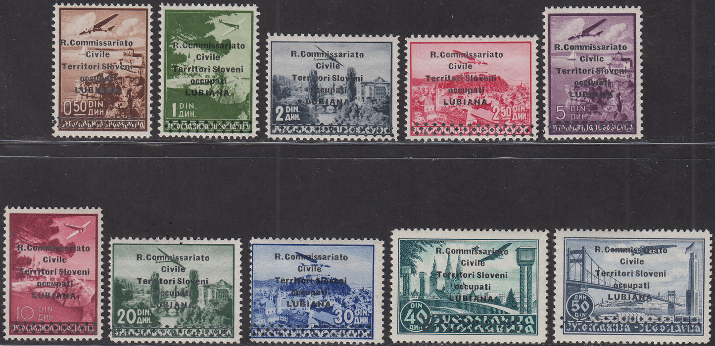 1941 - Occupazione Italiana della Lubiana, francobolli di Posta Aerea Jugoslava soprastampati R. Commissariato, nuovi gomma originale (1/10)