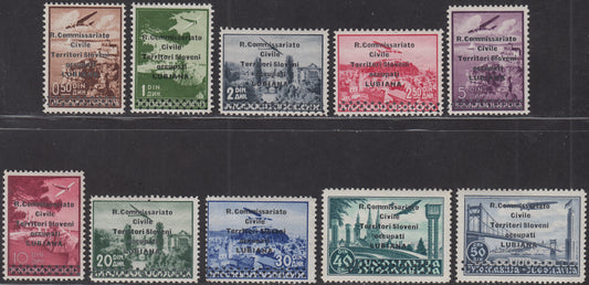 Lub64 - 1941 - Occupazione Italiana della Lubiana, francobolli di Posta Aerea Jugoslava soprastampati R. Commissariato, nuovi gomma originale (1/10)