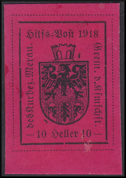 Merano, colored typographical print on the recto, 1st type, 10 new pink hellers (5th)