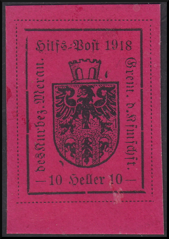 Merano, colored typographical print on the recto, 1st type, 10 new pink hellers (5th)
