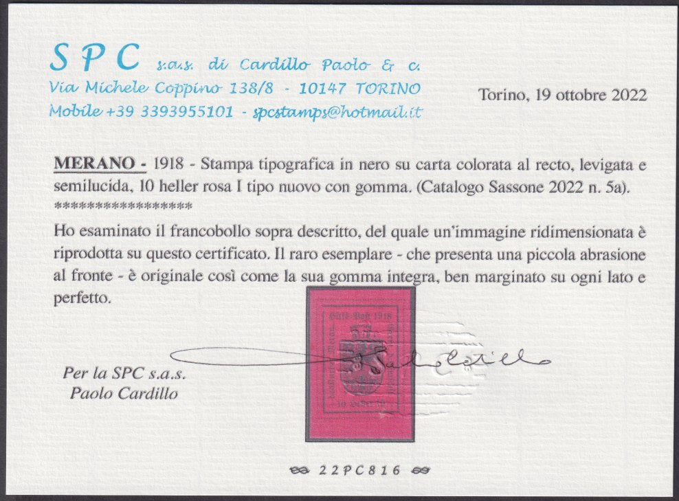 Merano, farbiger typografischer Druck auf der Vorderseite, Typ I, 10 heller rosa neu (5a)