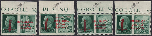 R.S.I. Saggi di soprastampa, Propaganda di Guerra i quattro valori da c. 25 verde con soprastampa REPUBBLICA SOCIALE ITALIANA e fascio in rosso (P1/P4).