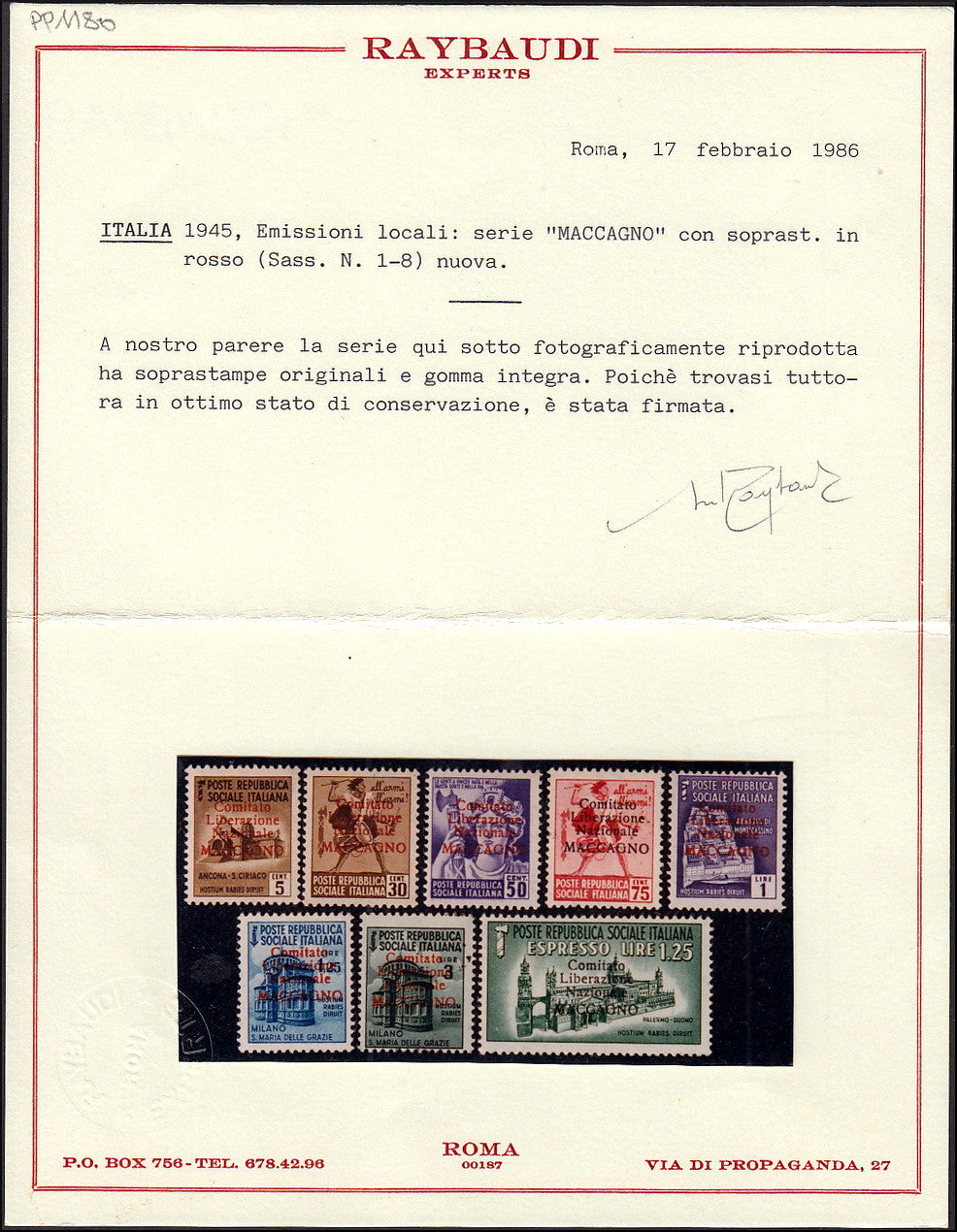 PP1180 - Maccagno, serie completa di 8 valori soprastampati "Comitato / Liberazione / Nazionale / MACCAGNO" (1/8)