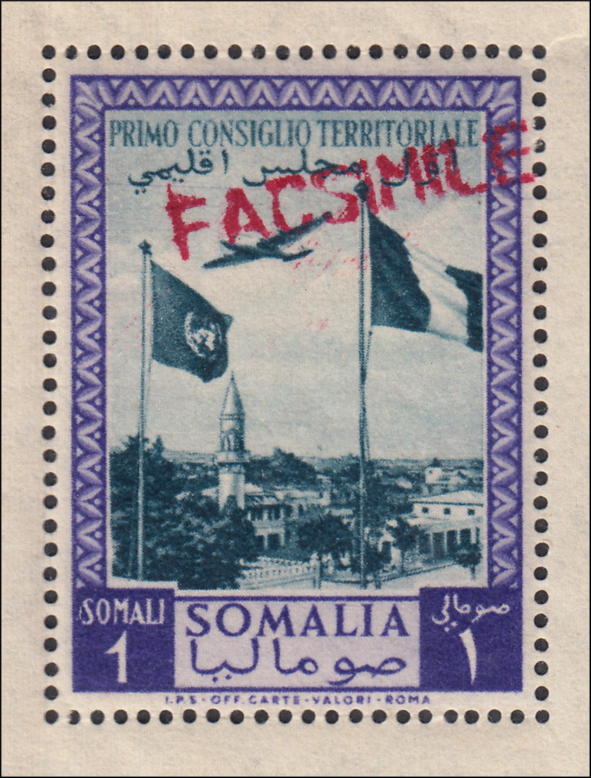 SOMALIA A.F.I.S. - Foglietto emesso per il 1° consiglio territoriale, con francobolli di posta ordinaria n. 12 e 13 e di Posta Aerea n. 12 e 13