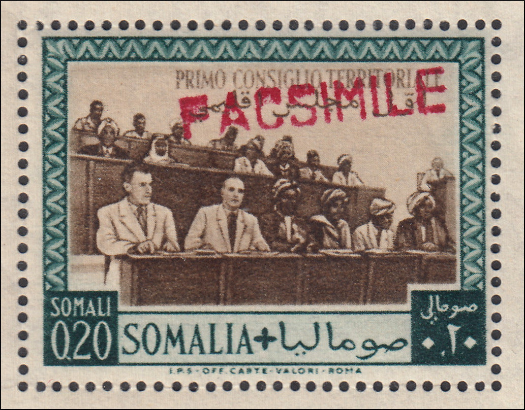 SOMALIA A.F.I.S. - Foglietto emesso per il 1° consiglio territoriale, con francobolli di posta ordinaria n. 12 e 13 e di Posta Aerea n. 12 e 13