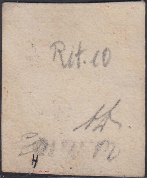 Effigie di Ferdinando II di Borbone, 5 grana rosa carminio I tavola carta di Napoli (9) usato, ritocco 10