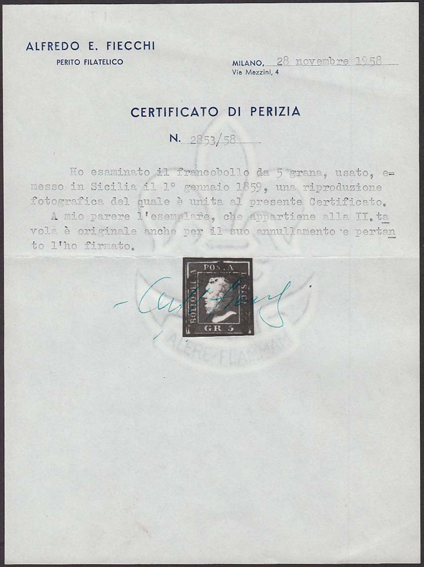 Effigie di Ferdinando II di Borbone, 5 grana vermiglio vivo II tavola carta di Palermo (11a) usato
