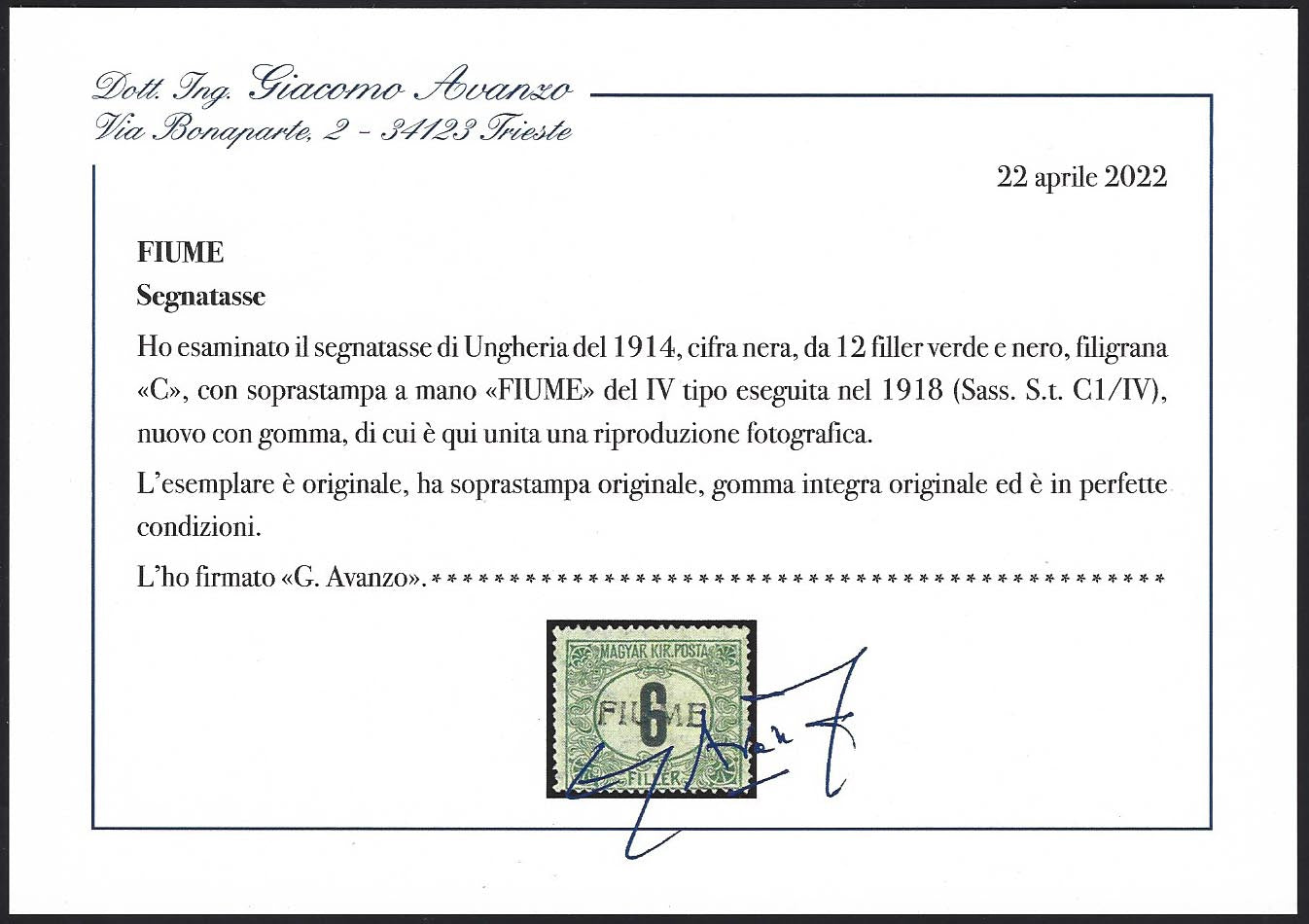 Hungarian tax postmarks, 6 filler black digits, "C" watermark, FIUME overprint, type IV (C1/IV), new
