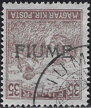 PP1260 - Francobollo d'Ungheria della serie Mietitori, 35 filler bruno rosso con soprastampa FIUME a mano capovolta IV tipo e doppie lettere FIU (12/IVcb) usato
