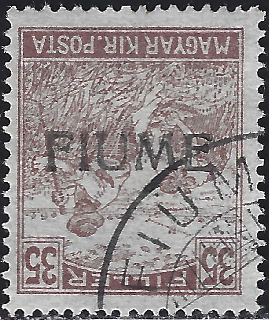 PP1260 - Francobollo d'Ungheria della serie Mietitori, 35 filler bruno rosso con soprastampa FIUME a mano capovolta IV tipo e doppie lettere FIU (12/IVcb) usato