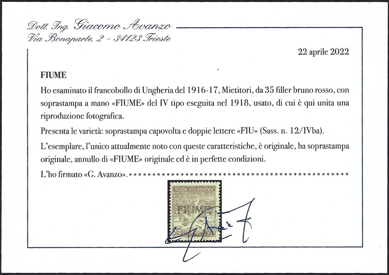 PP1260 - Francobollo d'Ungheria della serie Mietitori, 35 filler bruno rosso con soprastampa FIUME a mano capovolta IV tipo e doppie lettere FIU (12/IVcb) usato