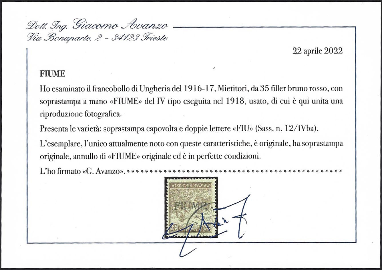 Francobollo d'Ungheria della serie Mietitori, 35 filler bruno rosso con soprastampa FIUME a mano capovolta IV tipo e doppie lettere FIU (12/IVba) usato