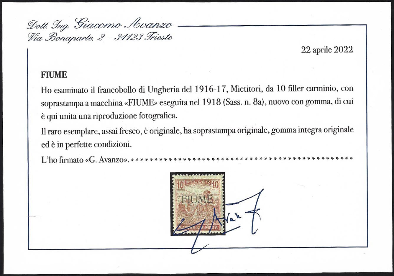 PP1262 - 1918 - Francobollo d'Ungheria della serie Mietitori, 10 filler carminio con soprastampa F I U M E a macchina (8a) nuovo**