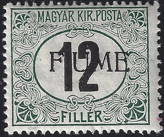 Hungarian tax postmarks 12 filler black digits, "B" watermark, machine overprinted FIUME (B2), new