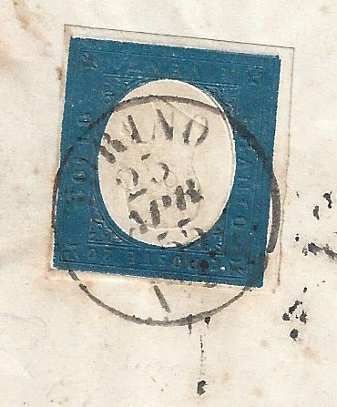 Regno di Sardegna III emissione, c.20 azzurro chiaro su lettera da Torino per Genova 25/4/55 (8b)