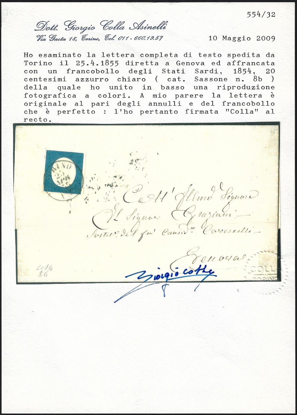 Regno di Sardegna III emissione, c.20 azzurro chiaro su lettera da Torino per Genova 25/4/55 (8b)