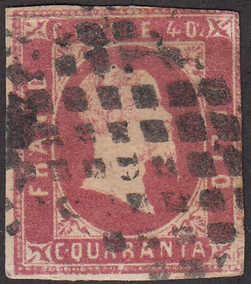 Sardegna 1851, I emissione c. 40 rosa carminio vivo (3b) usato con muto a rombi