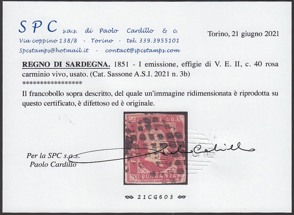 Sardegna 1851, I emissione c. 40 rosa carminio vivo (3b) usato con muto a rombi