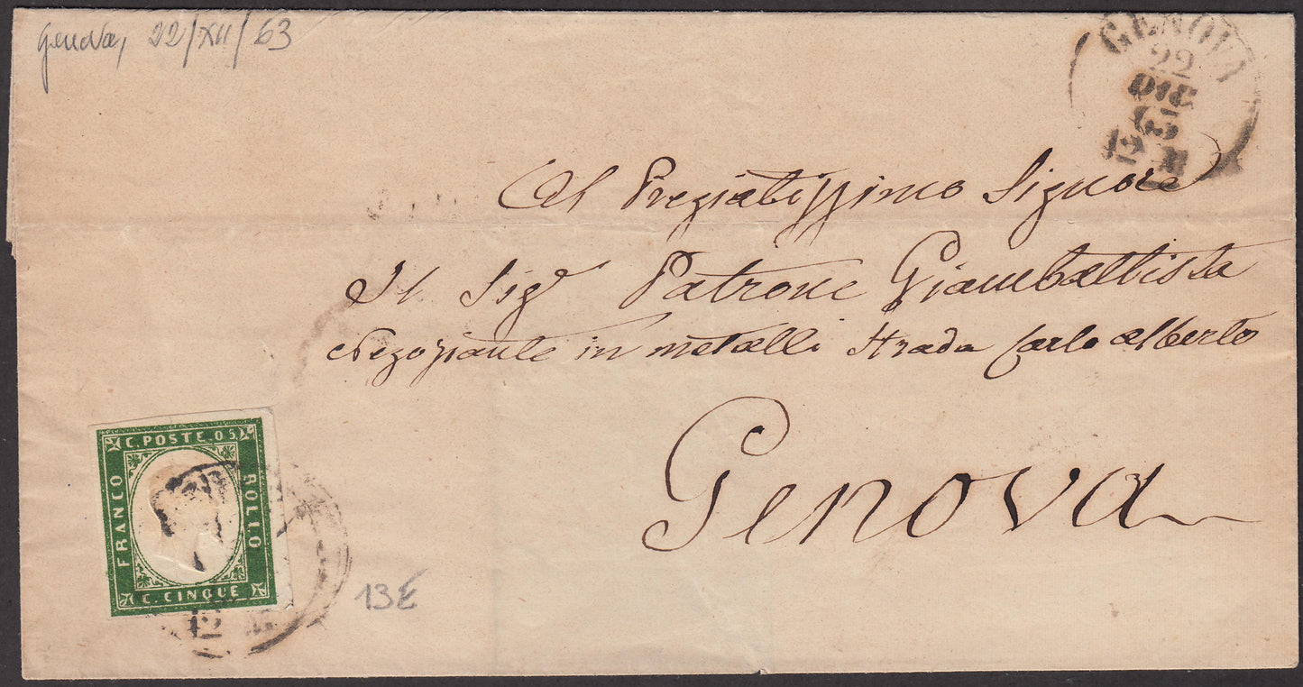 PP318 - 1863 - IV emissione, c. 5 verde cupo IV composizione isolato su lettera da Genova per città 22 DIcembre 1863, ultimo mese d'uso!