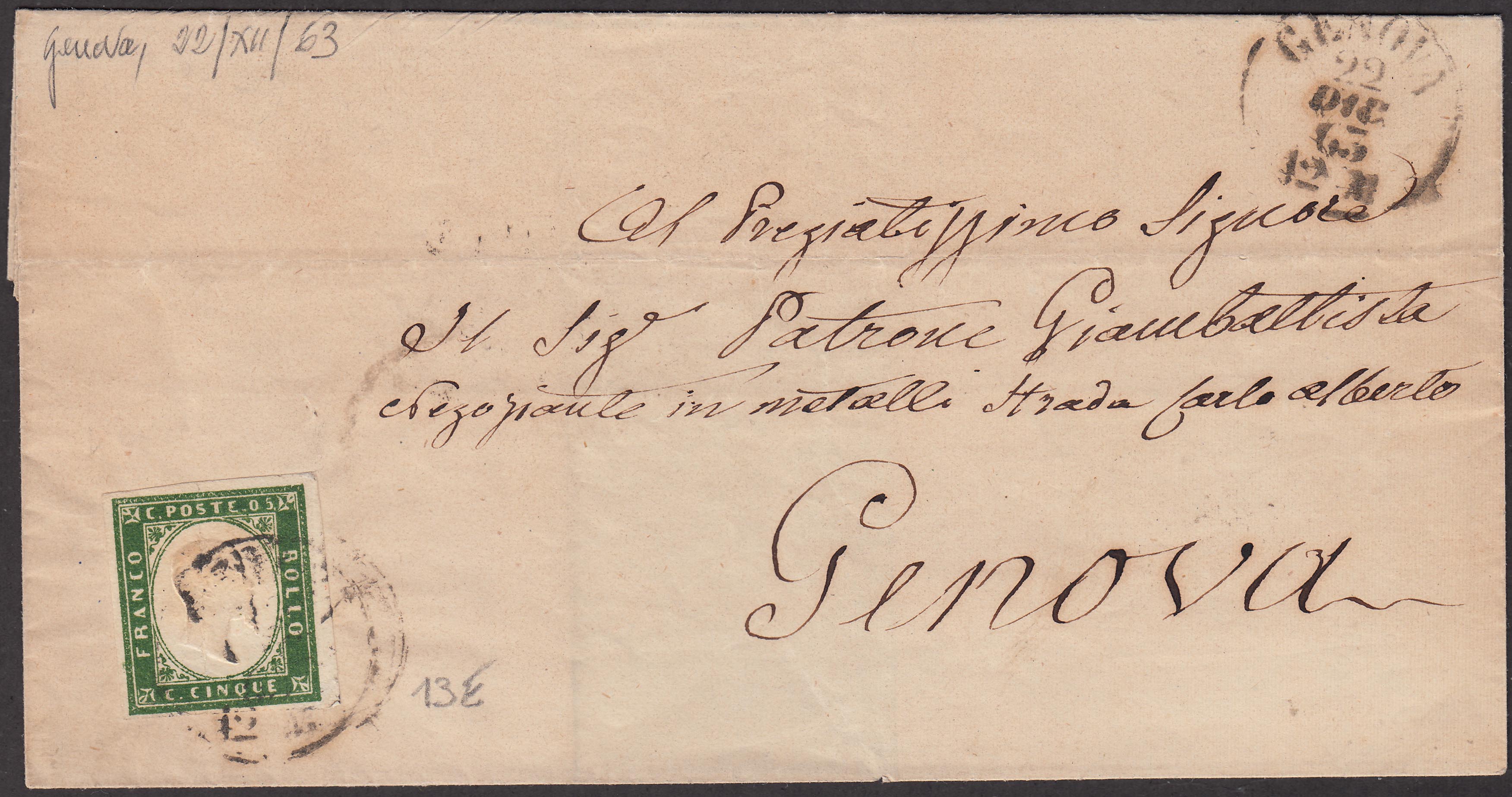 IV issue, c. 5 dark green IV composition isolated on letter from Genoa to the city 22 December 1863, last month of use!