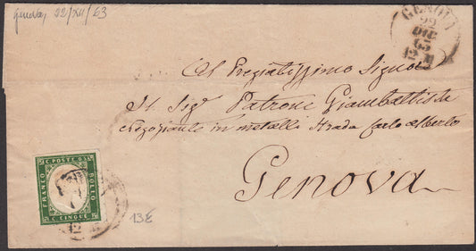 PP318 - 1863 - IV emissione, c. 5 verde cupo IV composizione isolato su lettera da Genova per città 22 DIcembre 1863, ultimo mese d'uso!