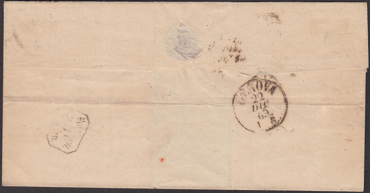 PP318 - 1863 - IV emissione, c. 5 verde cupo IV composizione isolato su lettera da Genova per città 22 DIcembre 1863, ultimo mese d'uso!