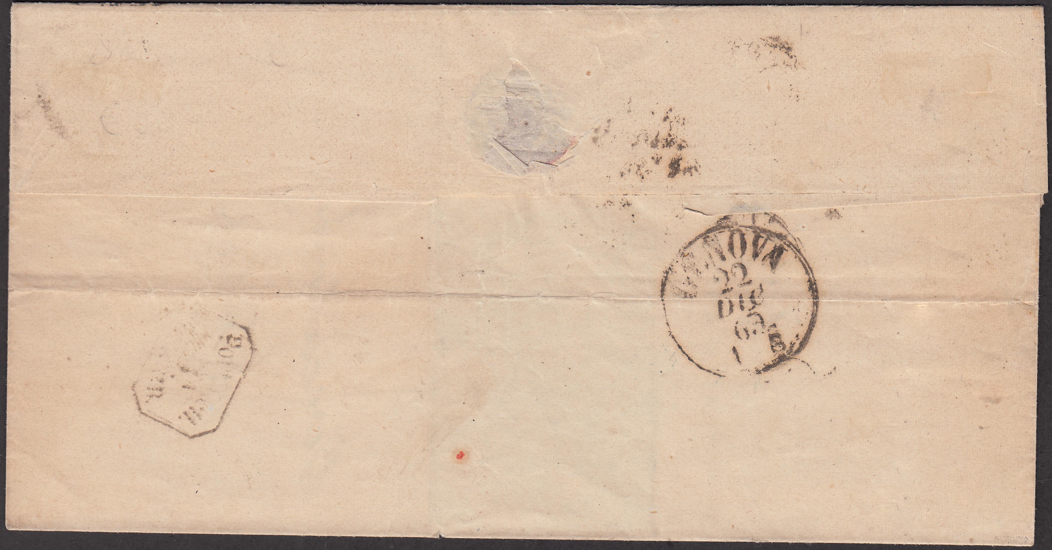 IV issue, c. 5 dark green IV composition isolated on letter from Genoa to the city 22 December 1863, last month of use!
