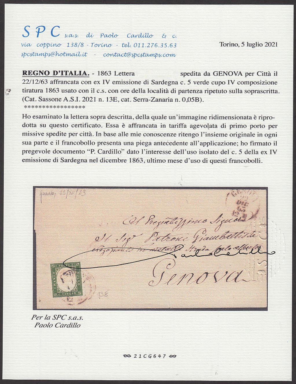 IV issue, c. 5 dark green IV composition isolated on letter from Genoa to the city 22 December 1863, last month of use!